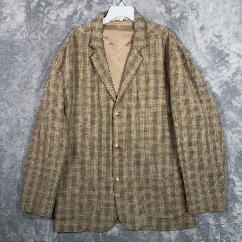 Tommy Bahama Linen Silk Blend Blazer Mens 2XL Beige Plaid 3 Button Unstructured